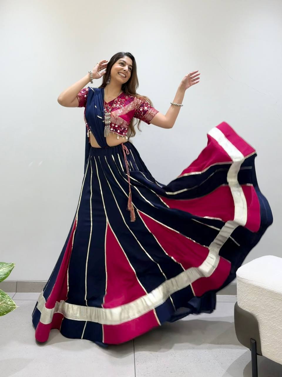 Navy Blue & Pink Reyon Mirror Work Navratri Lehenga Choli with Georgette Gotta Patti Dupatta