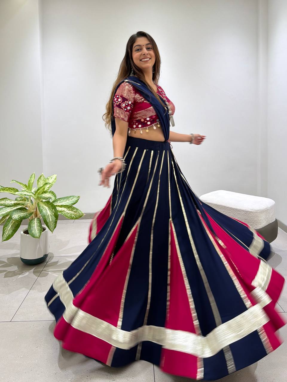 Navy Blue & Pink Reyon Mirror Work Navratri Lehenga Choli with Georgette Gotta Patti Dupatta