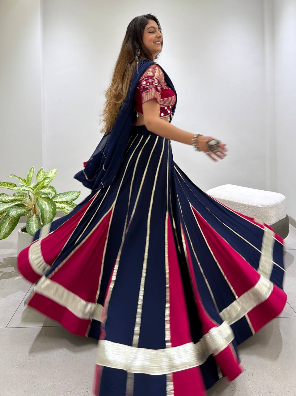 Navy Blue & Pink Reyon Mirror Work Navratri Lehenga Choli with Georgette Gotta Patti Dupatta