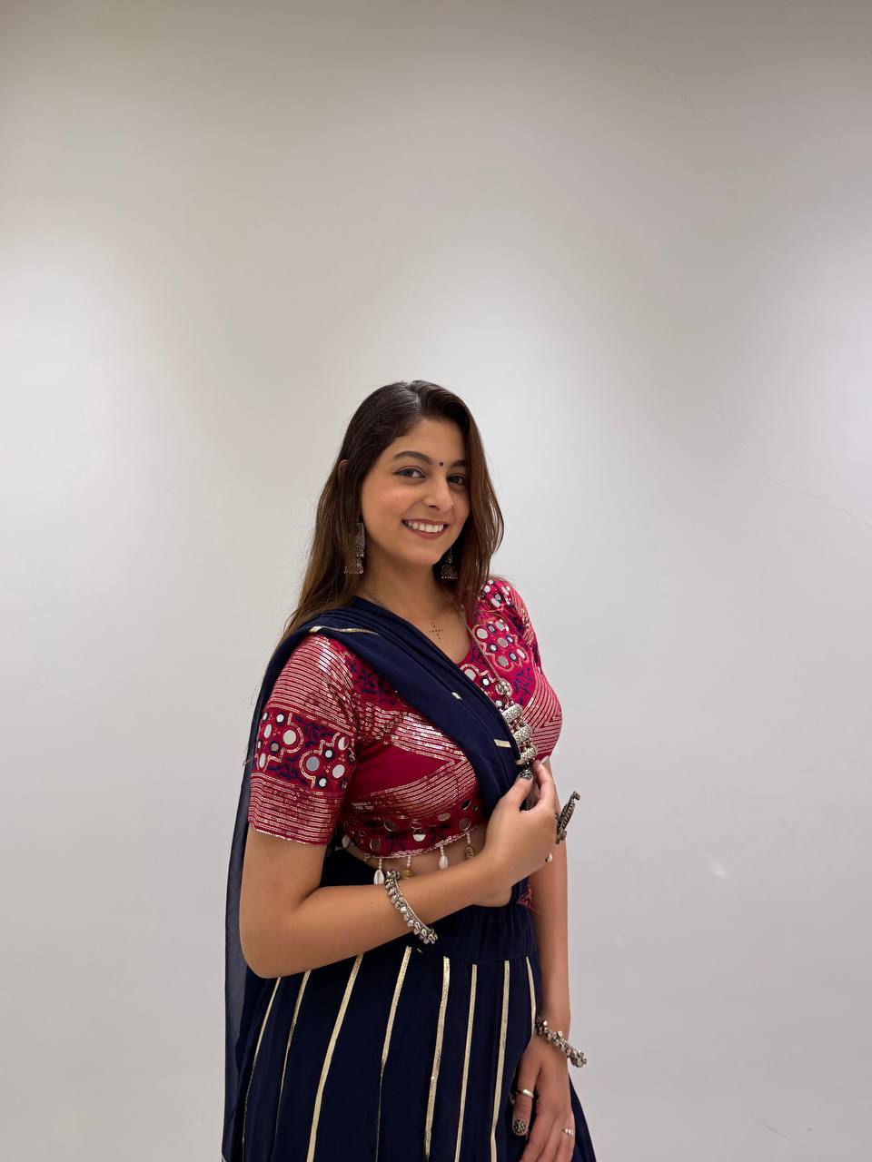 Navy Blue & Pink Reyon Mirror Work Navratri Lehenga Choli with Georgette Gotta Patti Dupatta