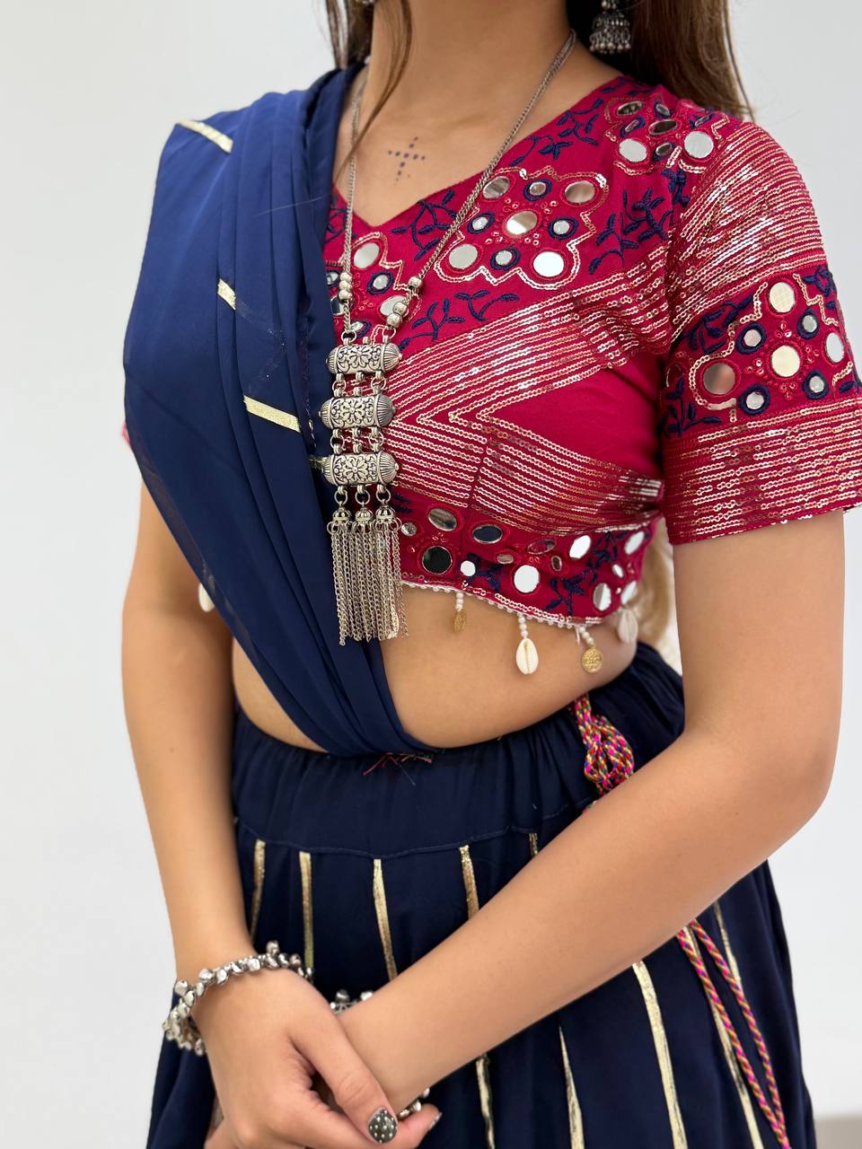 Navy Blue & Pink Reyon Mirror Work Navratri Lehenga Choli with Georgette Gotta Patti Dupatta