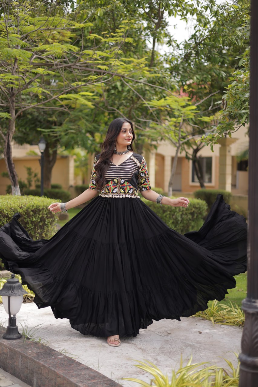 Rangrez Black Rayon Kutchi Gamthi Embroidered Navratri Gown