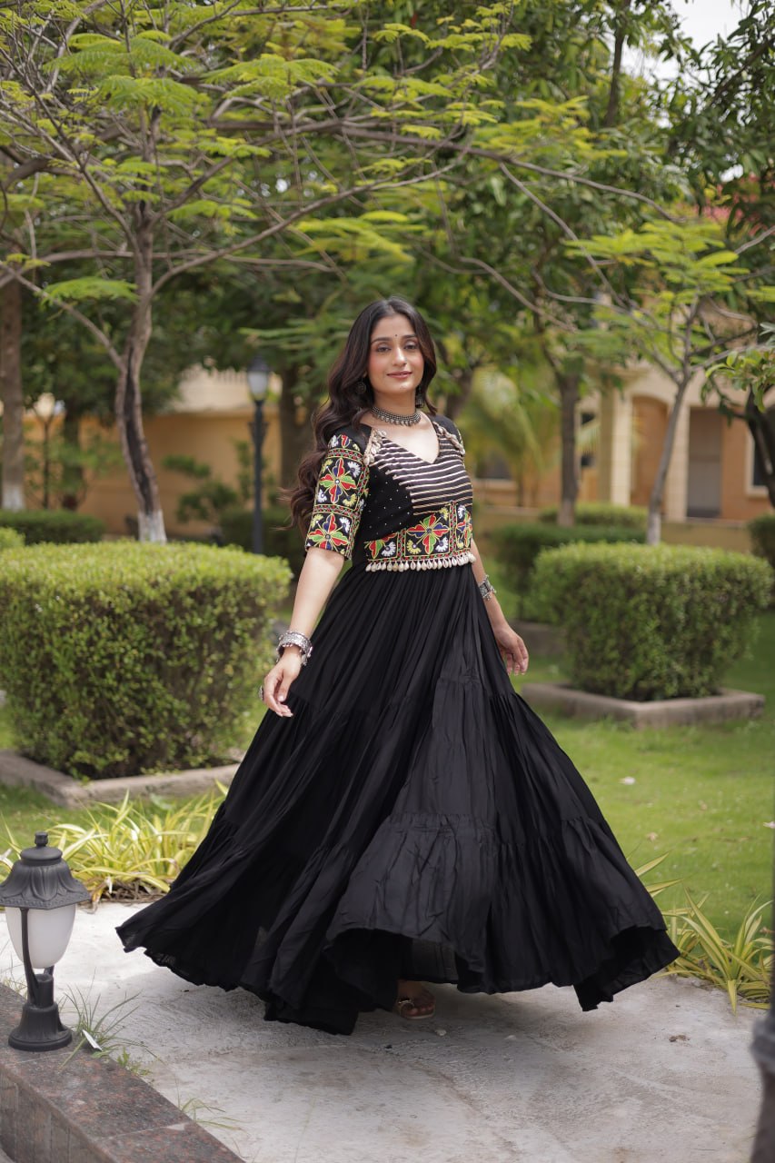 Rangrez Black Rayon Kutchi Gamthi Embroidered Navratri Gown