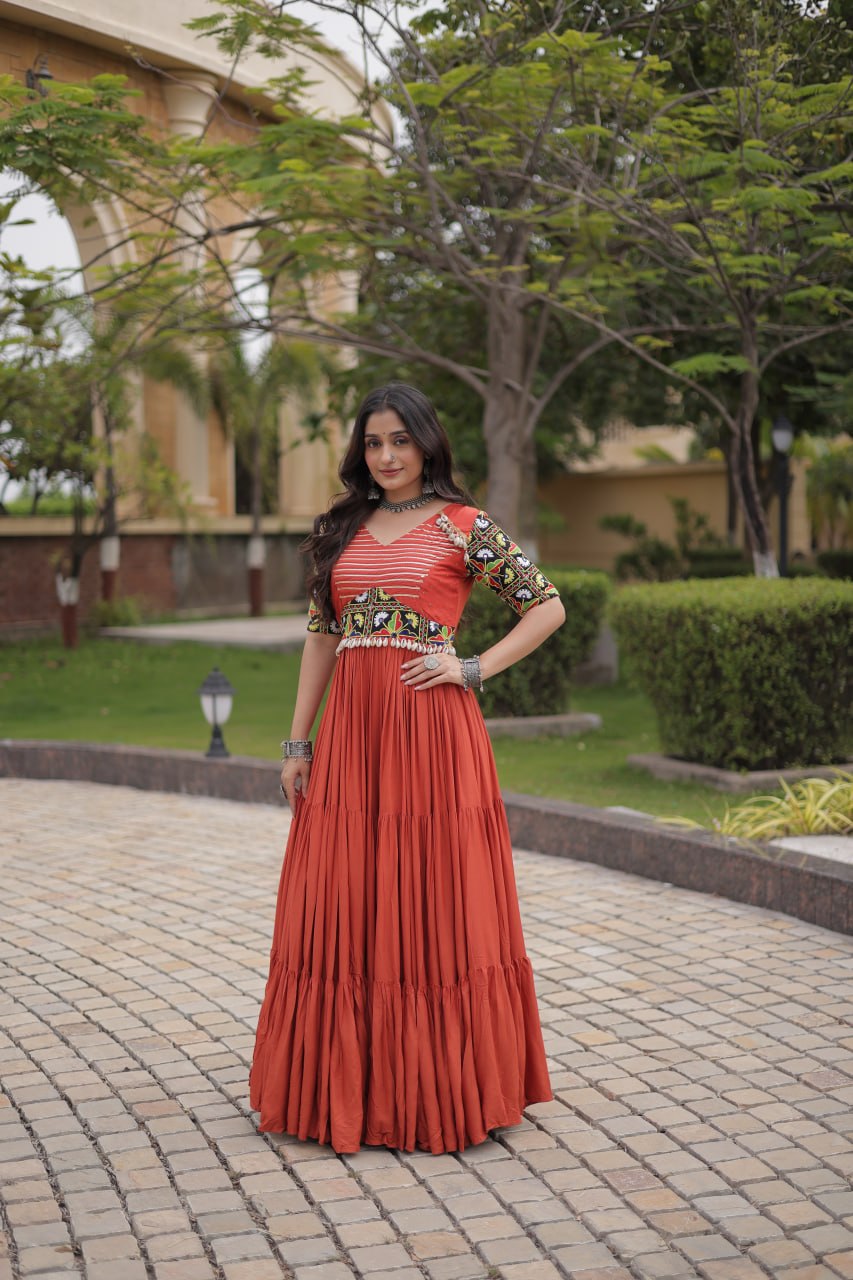 Rangrez Rust Rayon Kutchi Gamthi Embroidered Navratri Gown