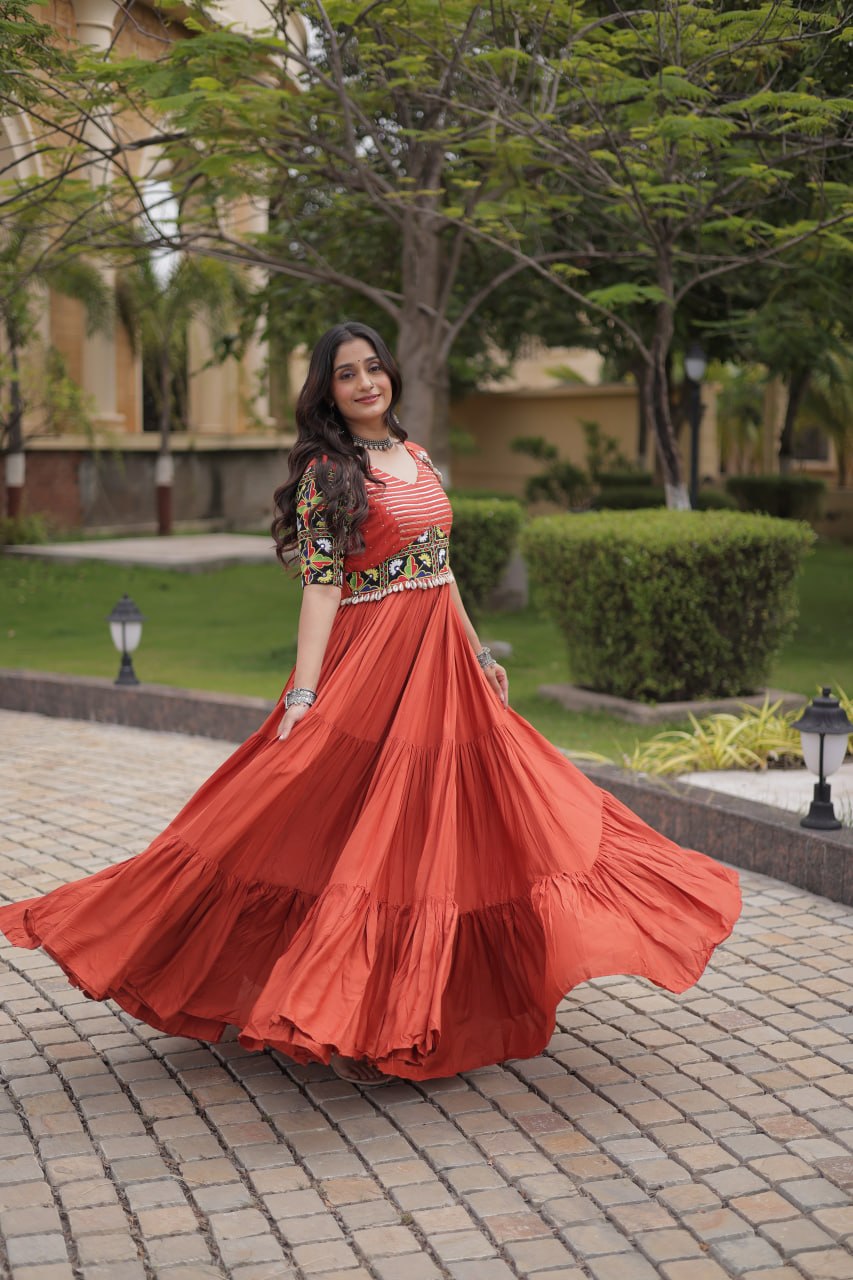Rangrez Rust Rayon Kutchi Gamthi Embroidered Navratri Gown