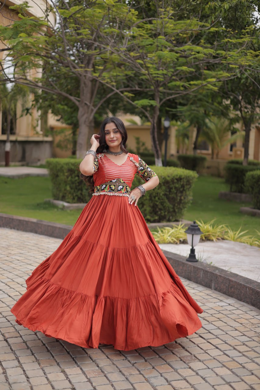 Rangrez Rust Rayon Kutchi Gamthi Embroidered Navratri Gown