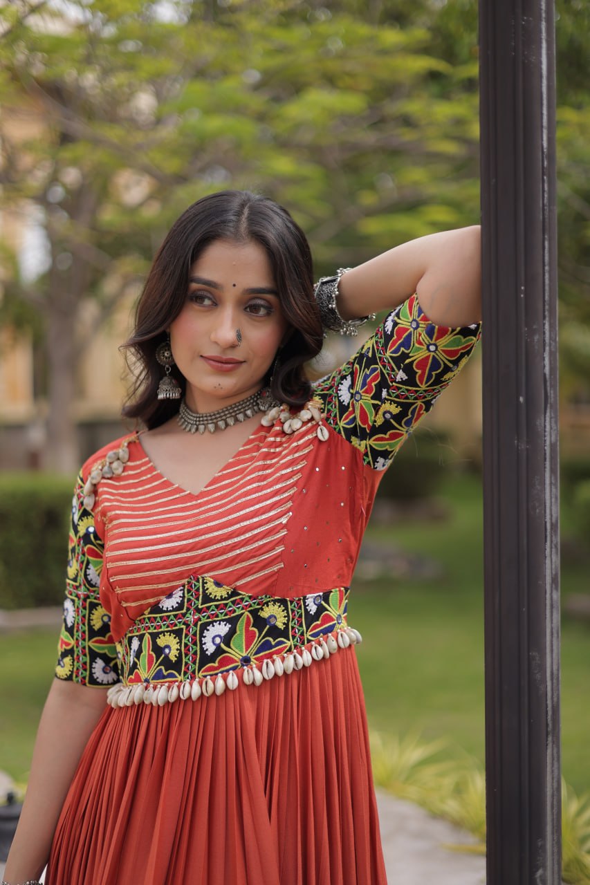 Rangrez Rust Rayon Kutchi Gamthi Embroidered Navratri Gown
