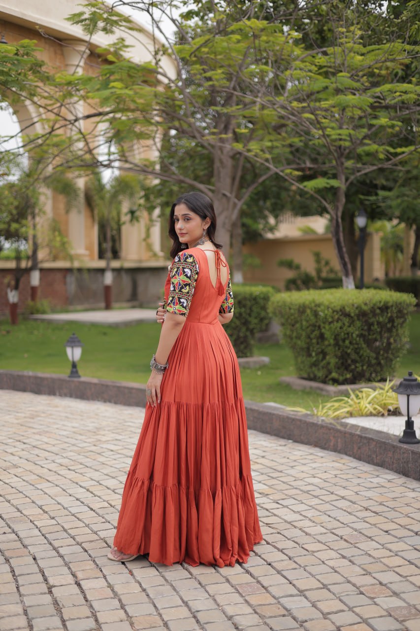 Rangrez Rust Rayon Kutchi Gamthi Embroidered Navratri Gown