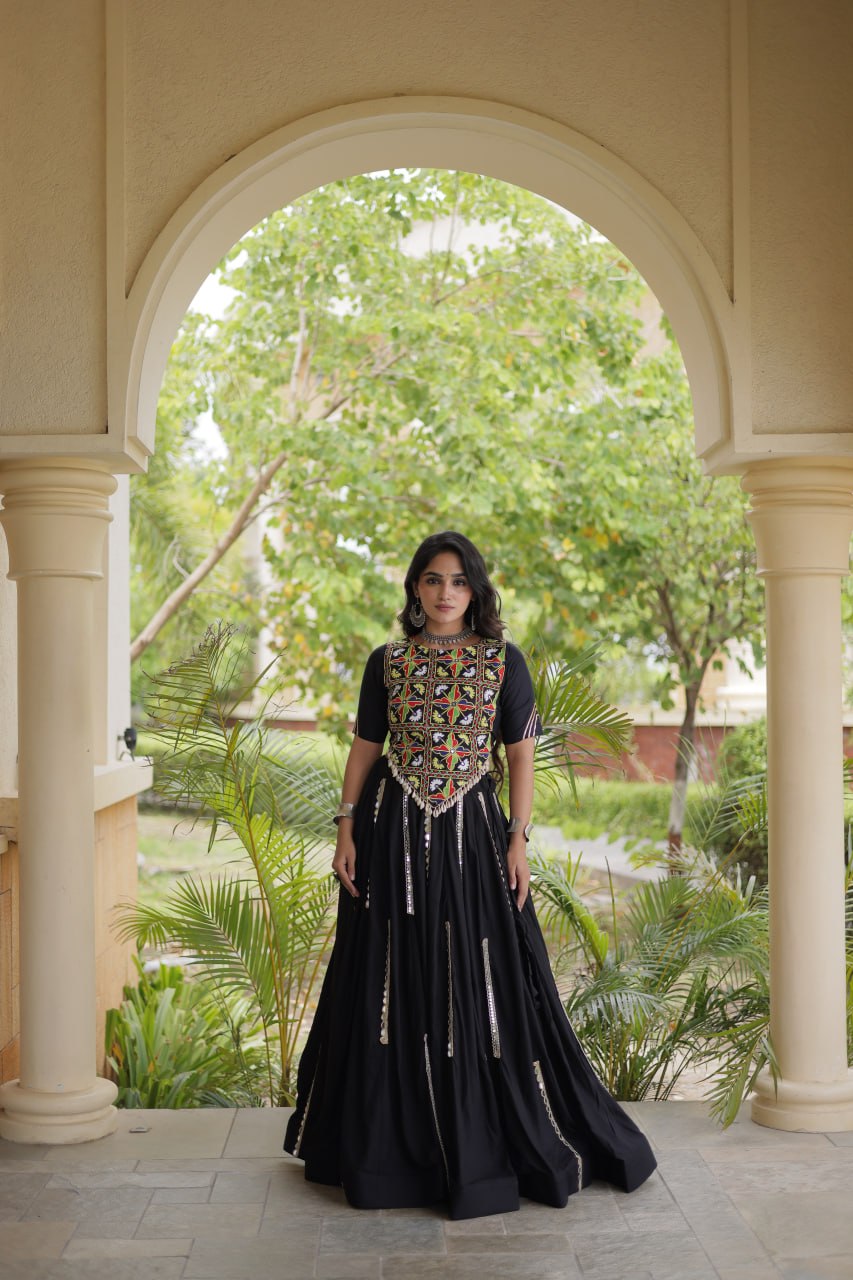 Aabha Black Rayon Mirror Work Lehenga Set