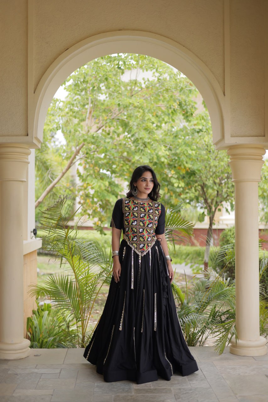 Aabha Black Rayon Mirror Work Lehenga Set
