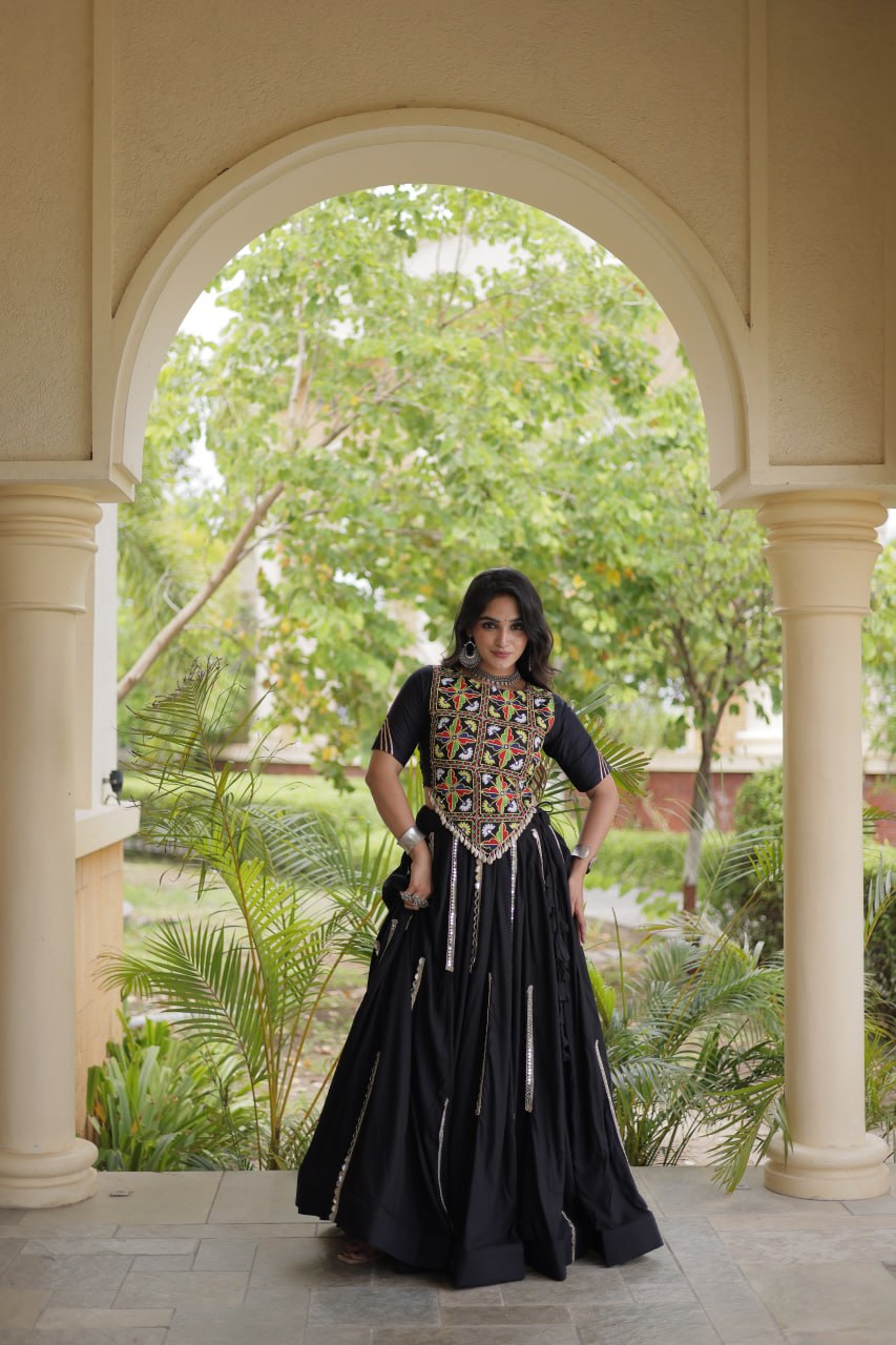 Aabha Black Rayon Mirror Work Lehenga Set