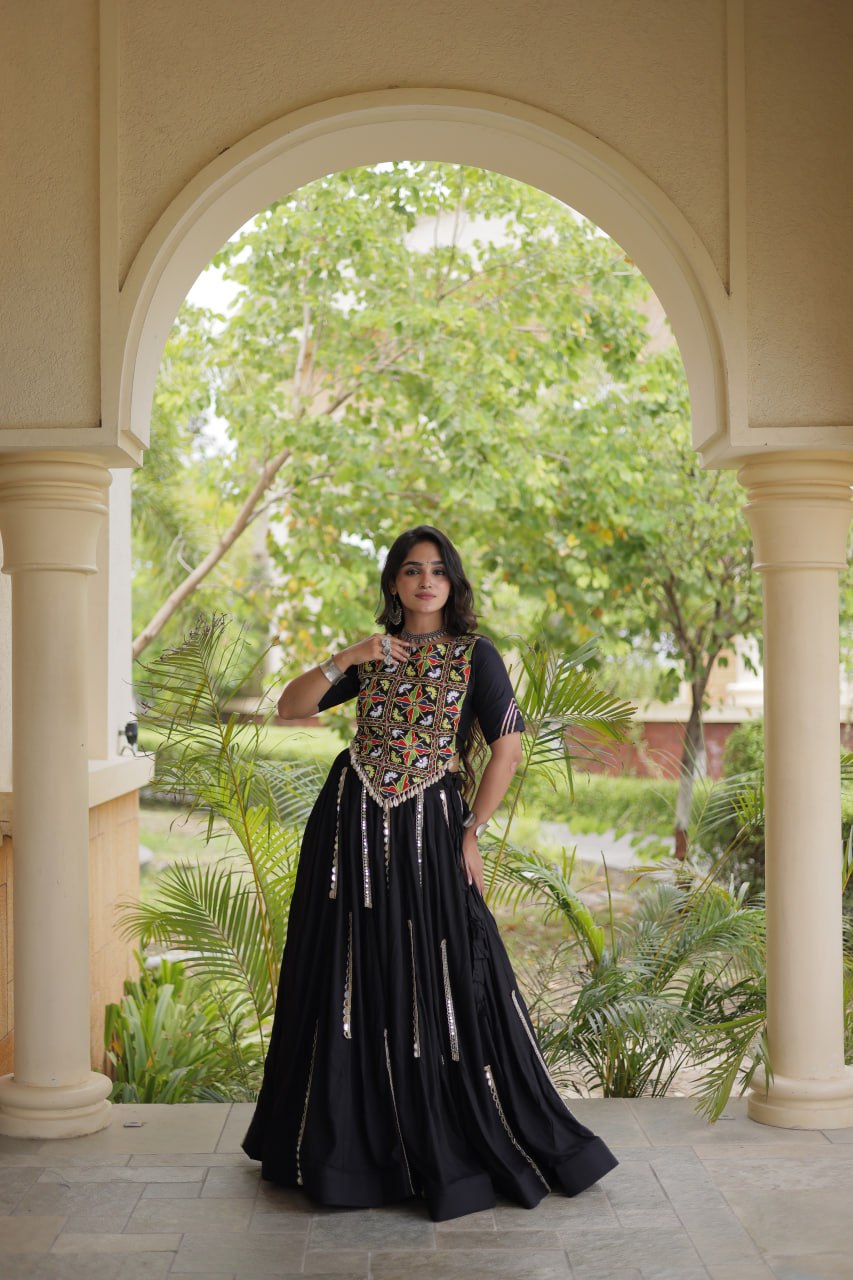 Aabha Black Rayon Mirror Work Lehenga Set