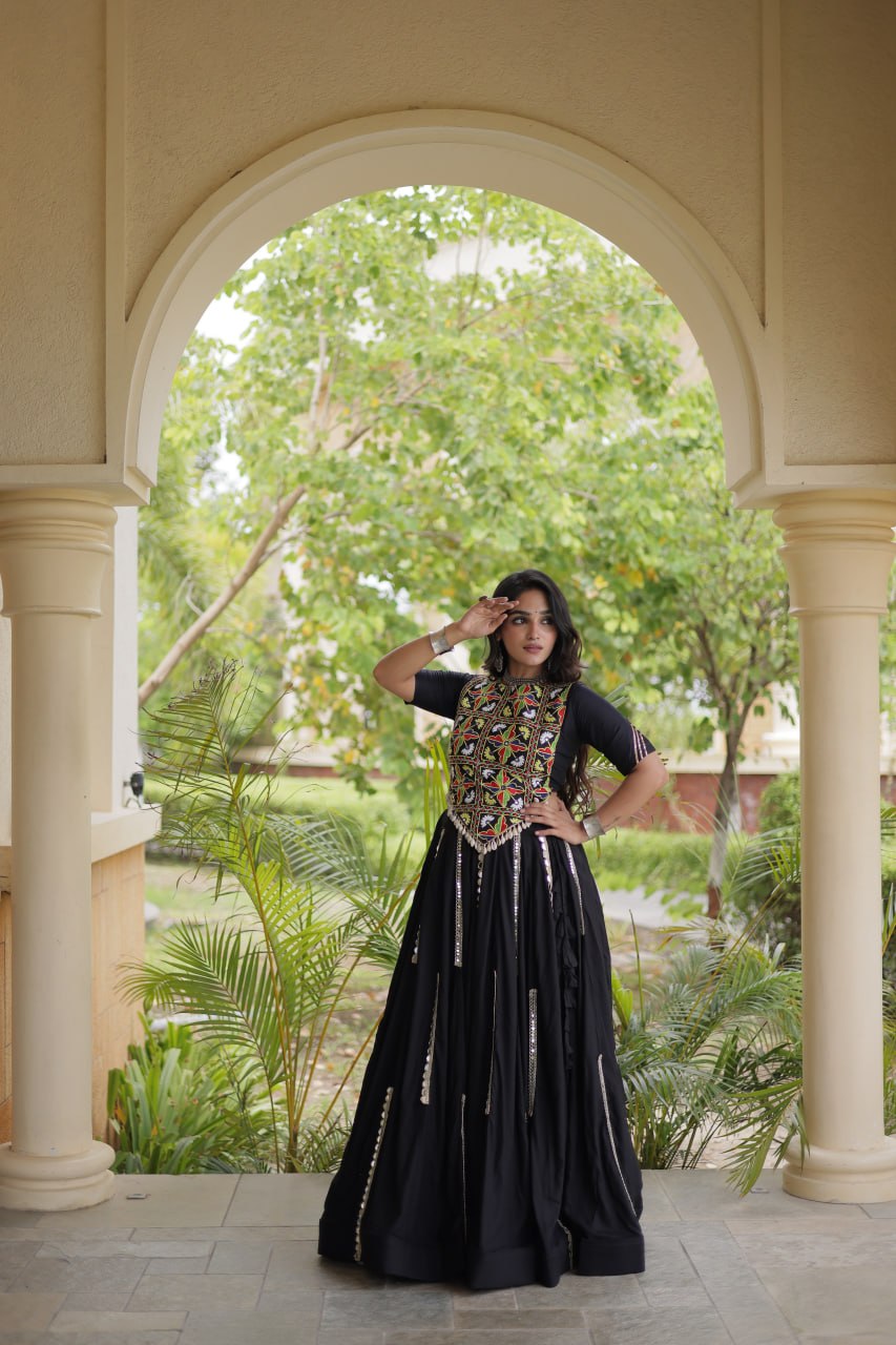 Aabha Black Rayon Mirror Work Lehenga Set