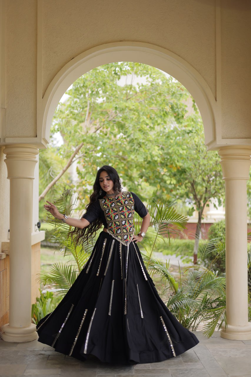 Aabha Black Rayon Mirror Work Lehenga Set