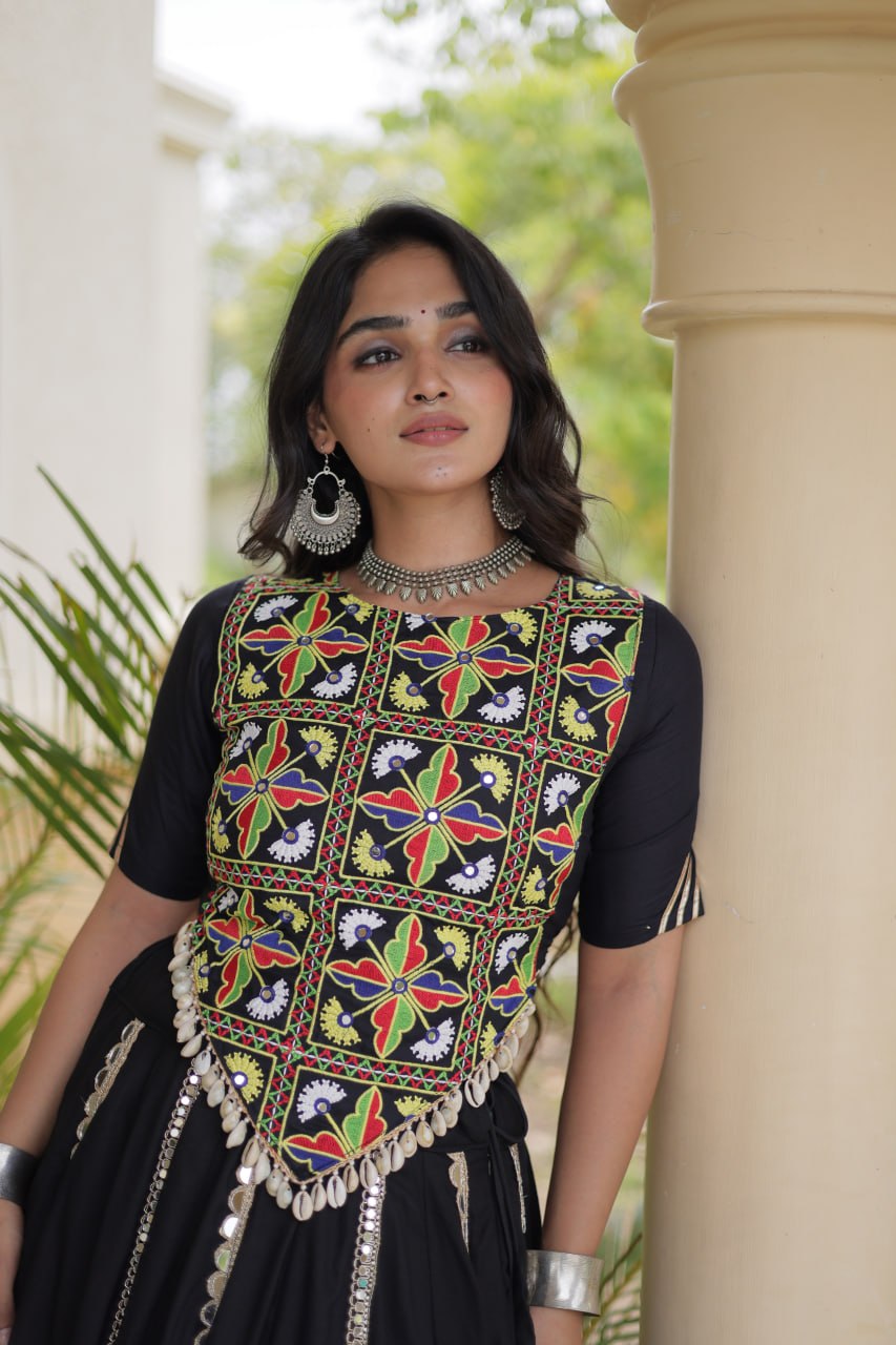 Aabha Black Rayon Mirror Work Lehenga Set
