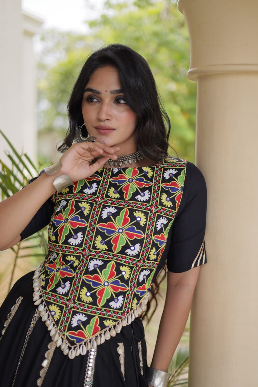 Aabha Black Rayon Mirror Work Lehenga Set