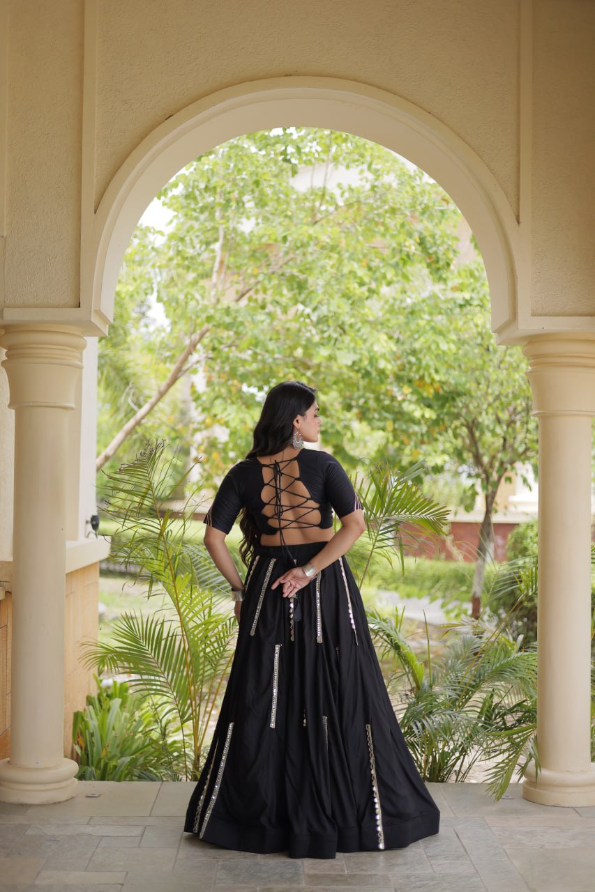 Aabha Black Rayon Mirror Work Lehenga Set