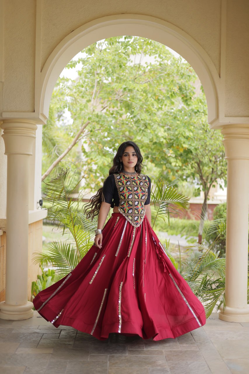 Maroon Rayon Mirror Work Lehenga Set
