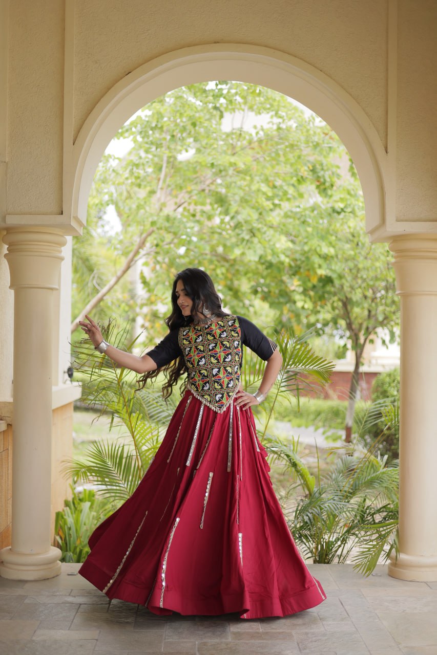Maroon Rayon Mirror Work Lehenga Set