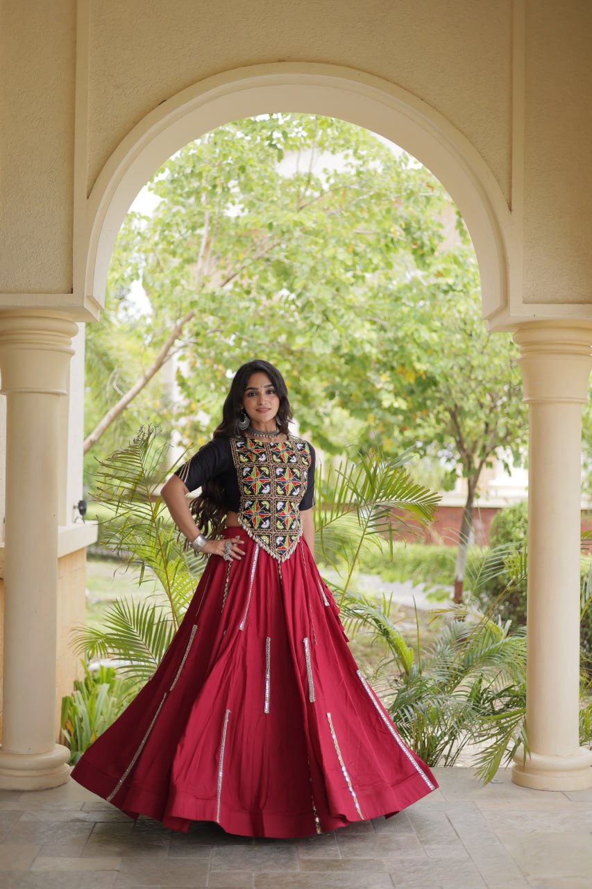 Maroon Rayon Mirror Work Lehenga Set