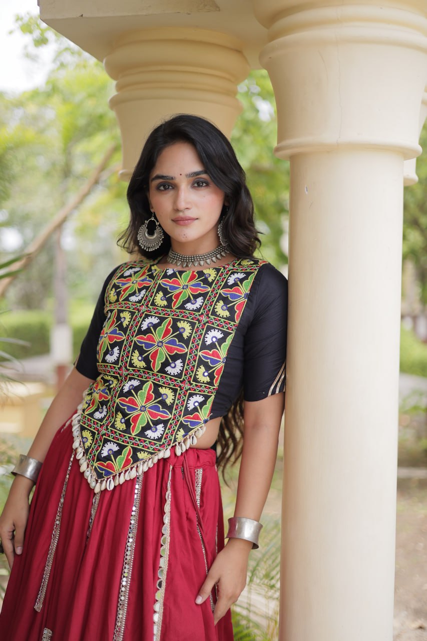 Maroon Rayon Mirror Work Lehenga Set