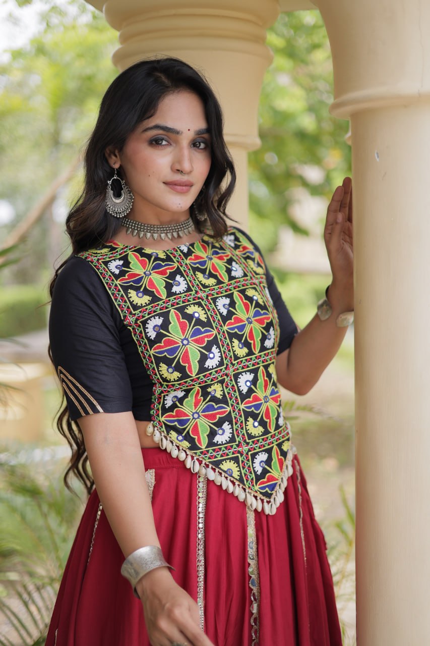 Maroon Rayon Mirror Work Lehenga Set