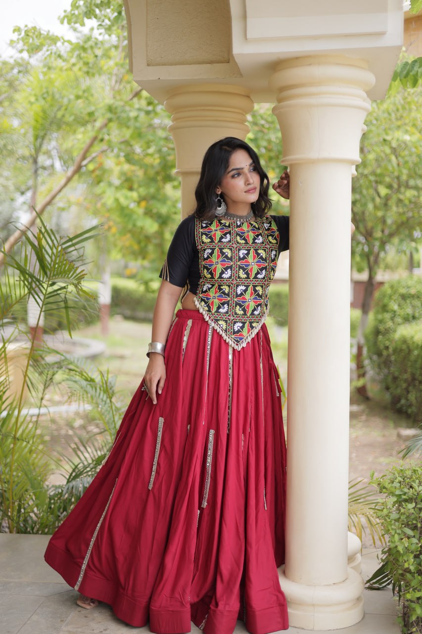 Maroon Rayon Mirror Work Lehenga Set