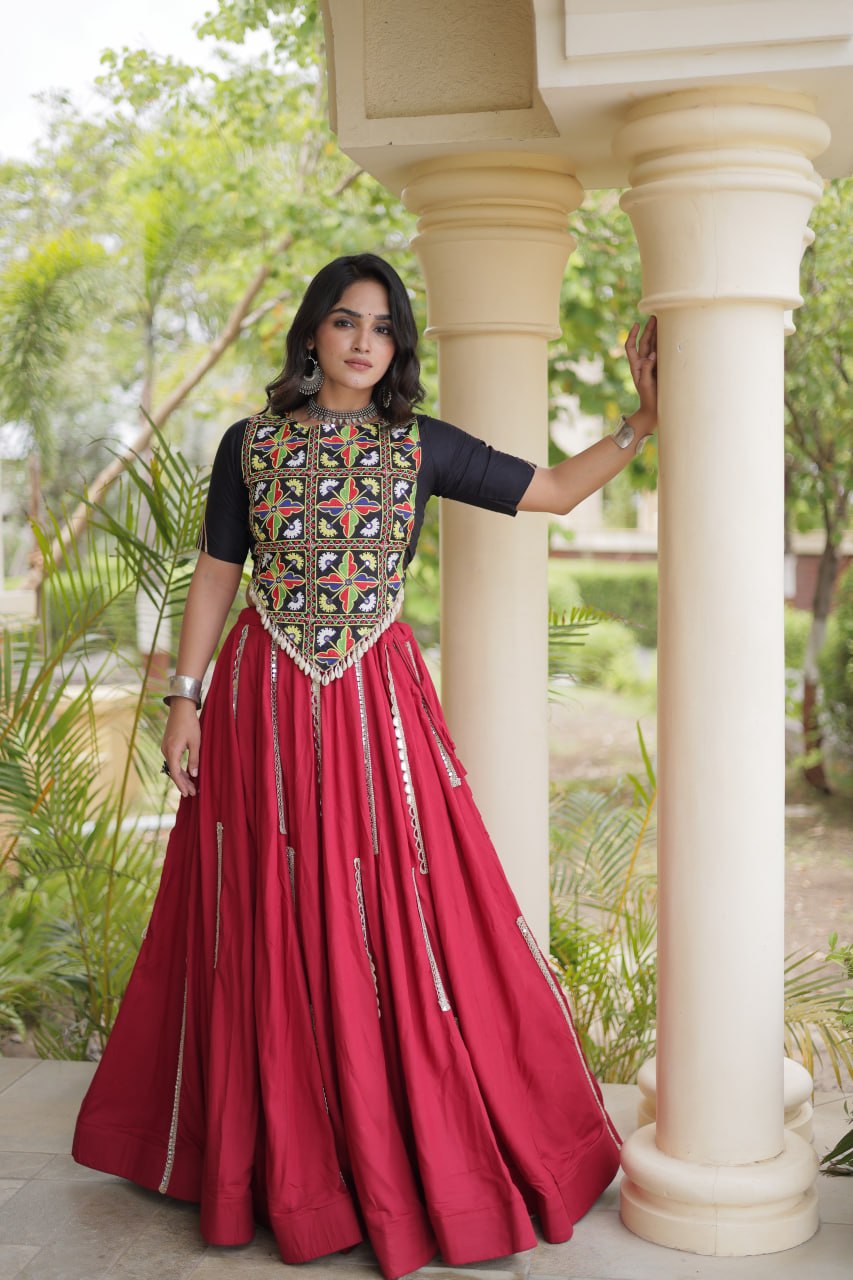 Maroon Rayon Mirror Work Lehenga Set