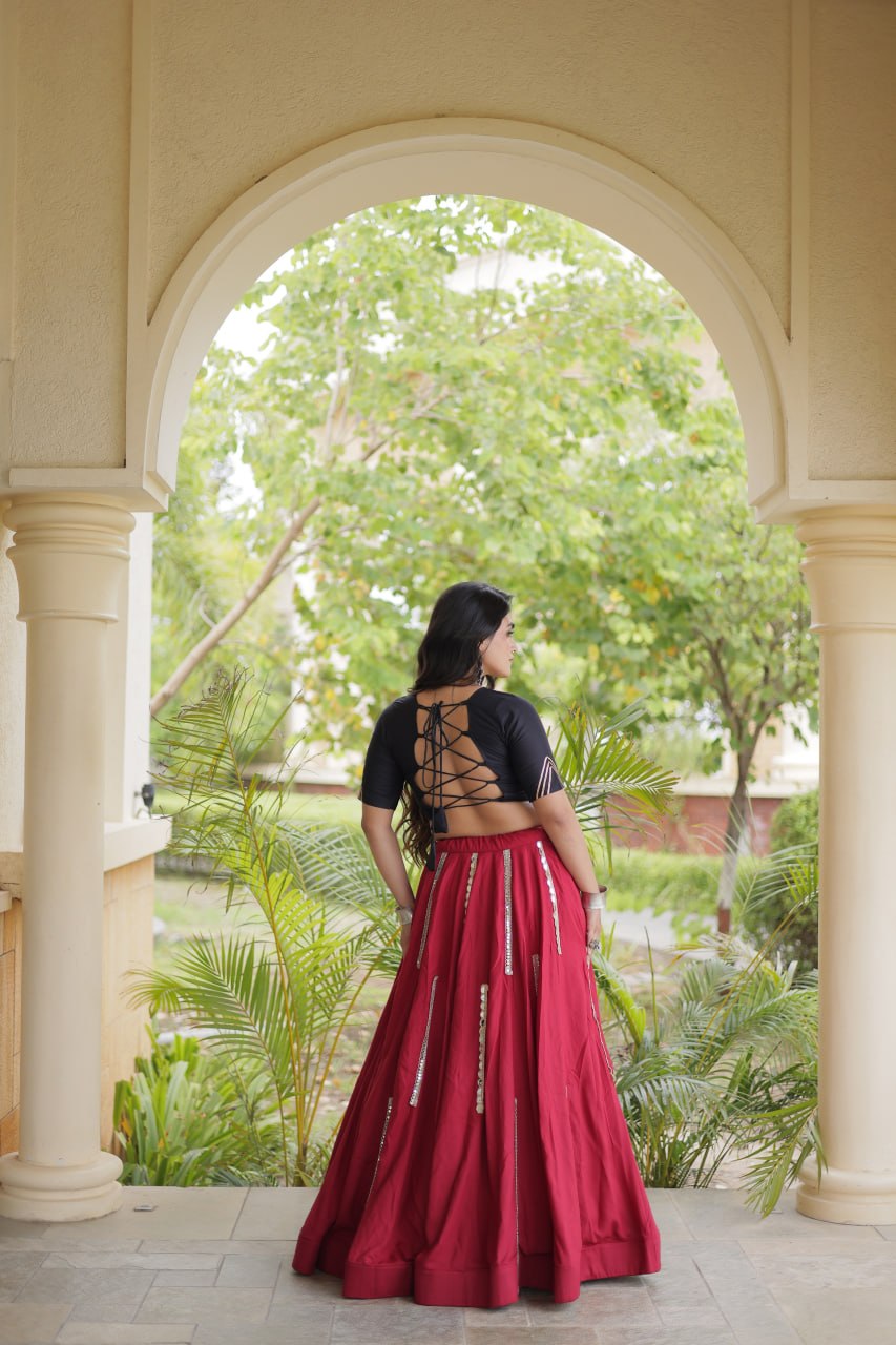 Maroon Rayon Mirror Work Lehenga Set