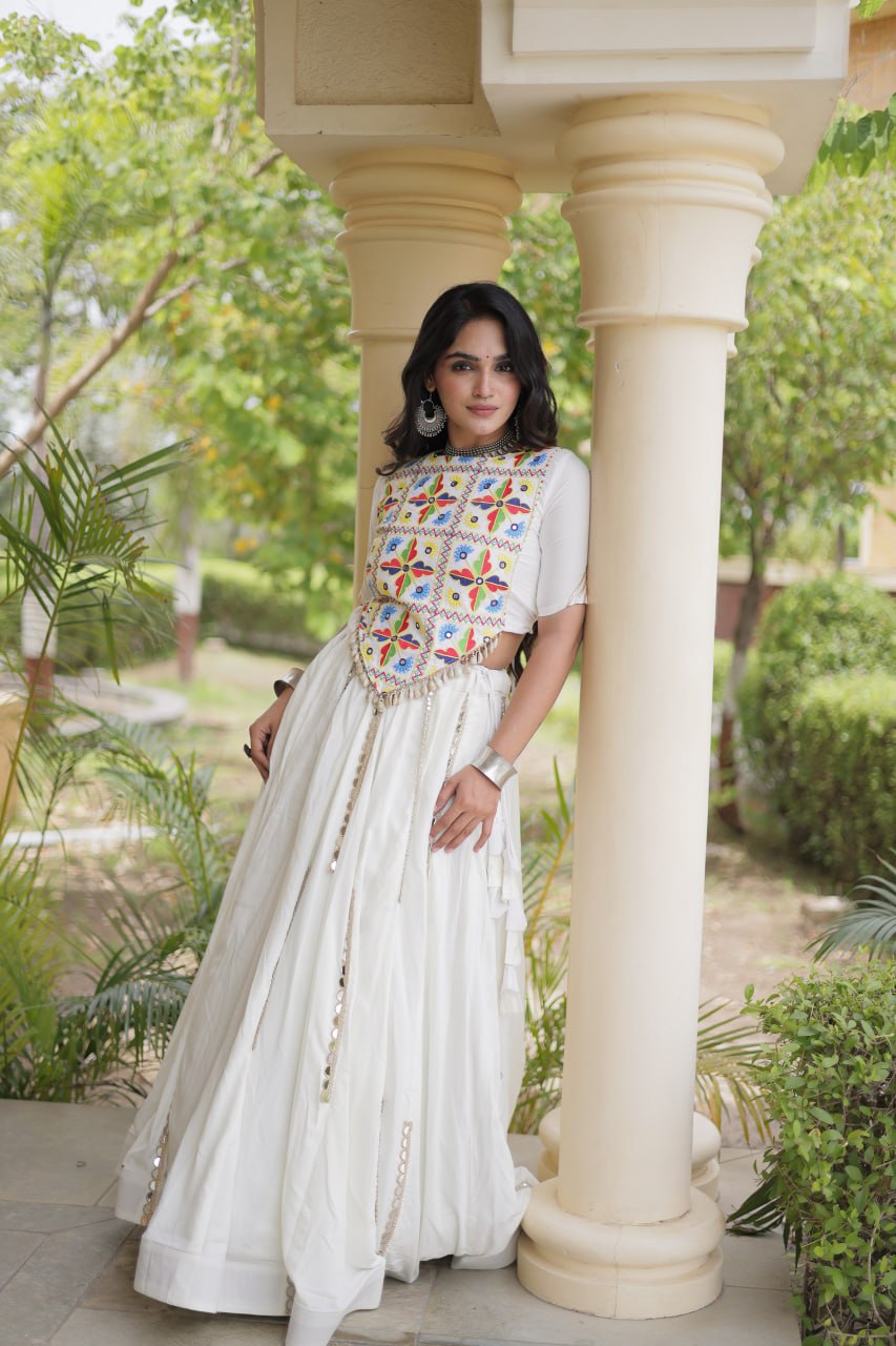 Rangrez White Rayon Mirror Work Lehenga Set