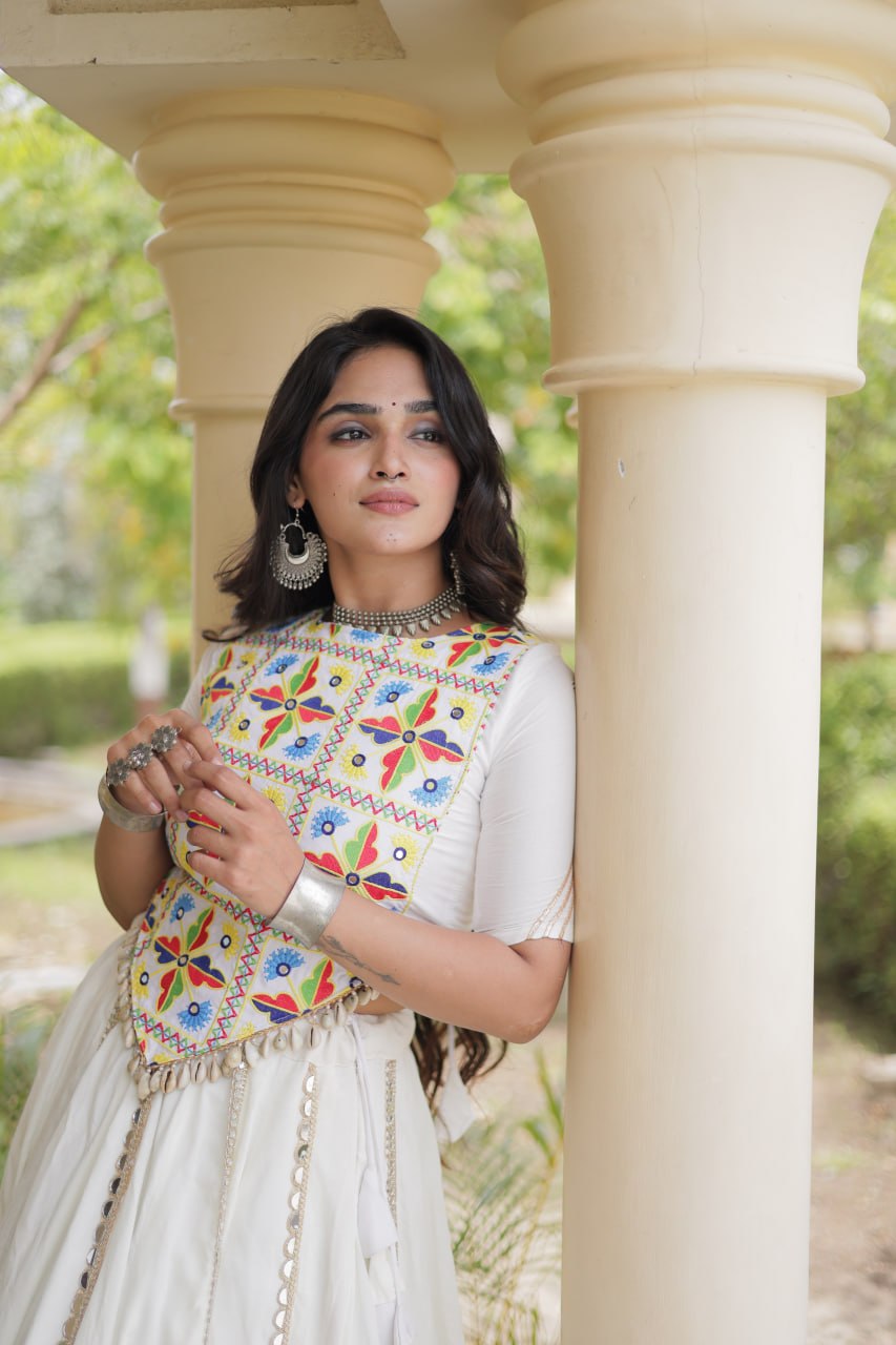 Rangrez White Rayon Mirror Work Lehenga Set