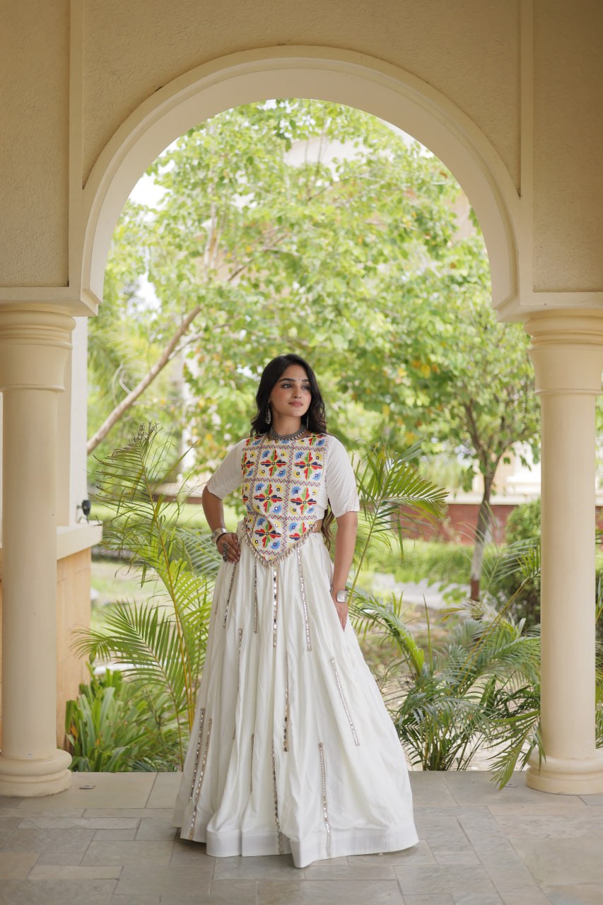 Rangrez White Rayon Mirror Work Lehenga Set