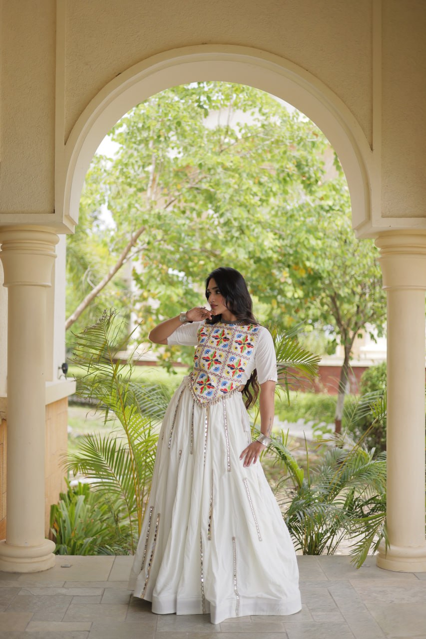 Rangrez White Rayon Mirror Work Lehenga Set