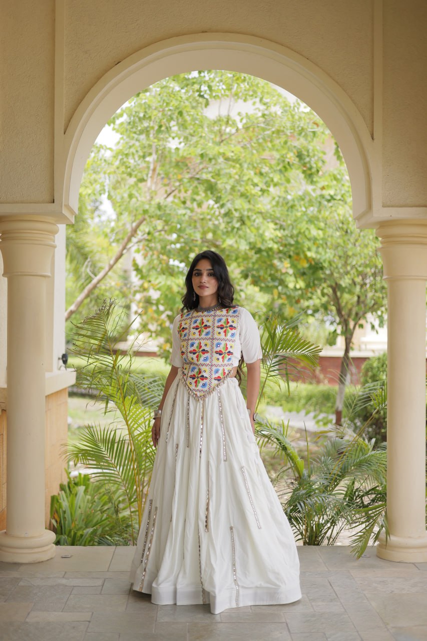 Rangrez White Rayon Mirror Work Lehenga Set