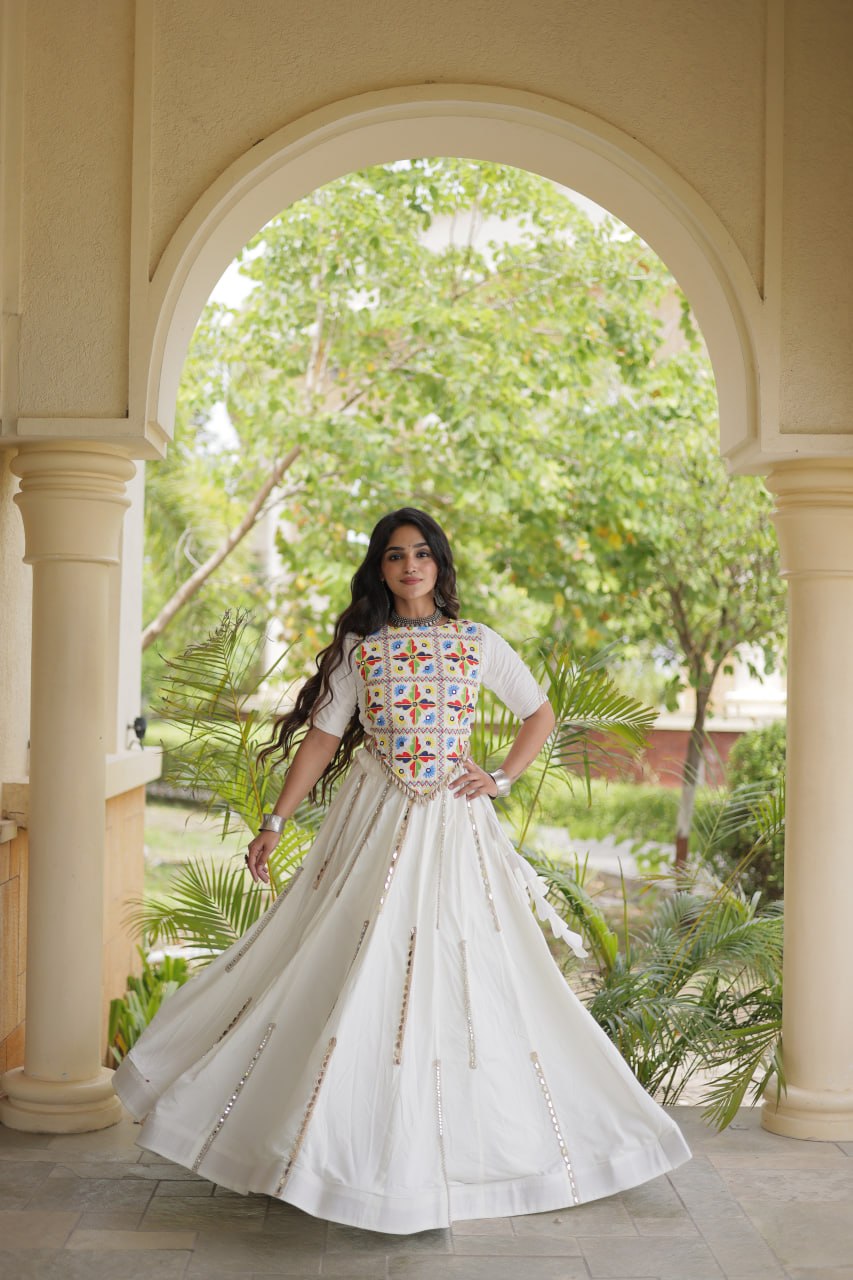 Rangrez White Rayon Mirror Work Lehenga Set