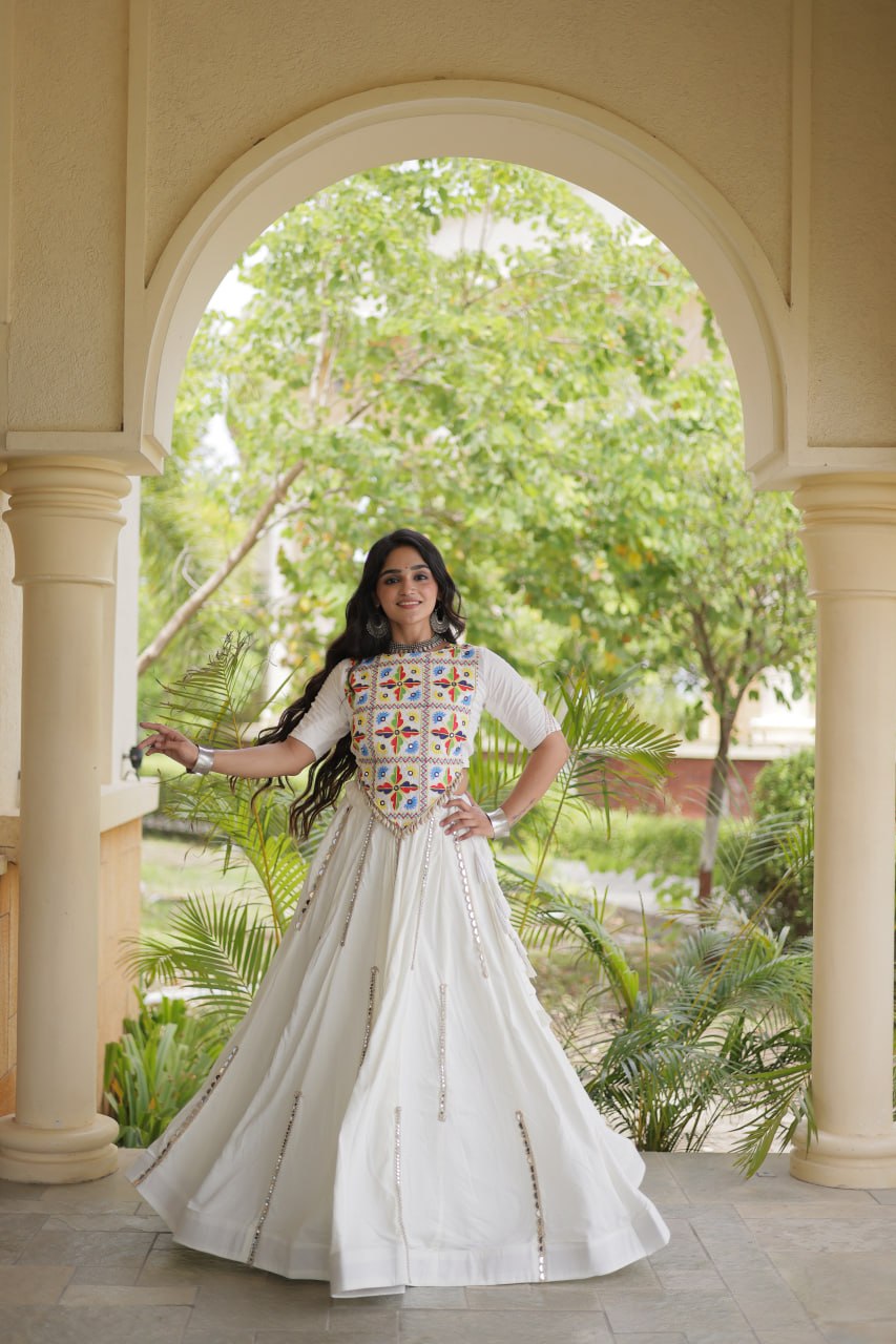 Rangrez White Rayon Mirror Work Lehenga Set