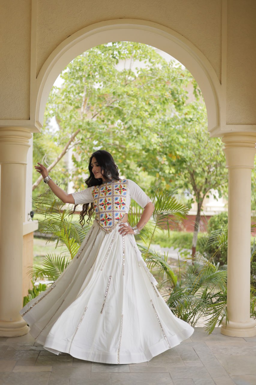 Rangrez White Rayon Mirror Work Lehenga Set
