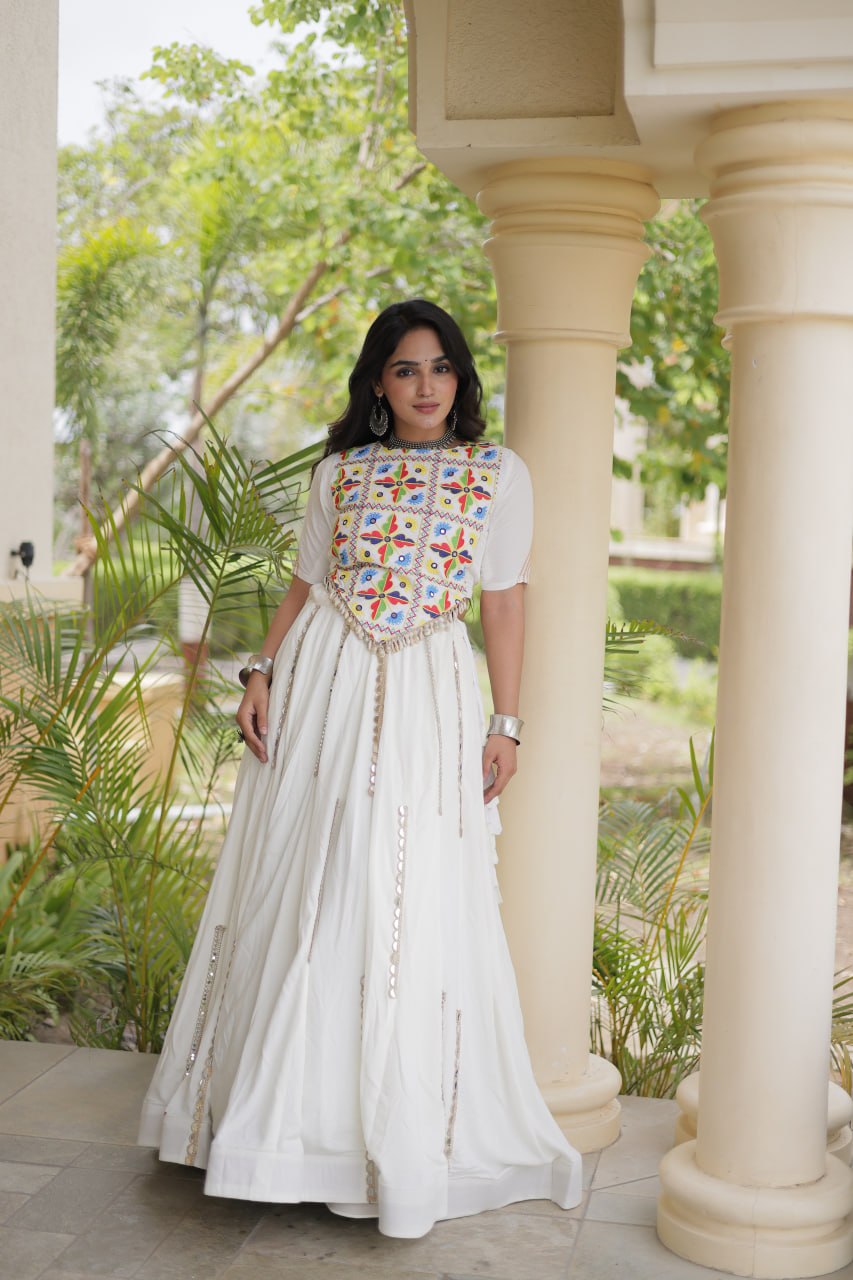 Rangrez White Rayon Mirror Work Lehenga Set