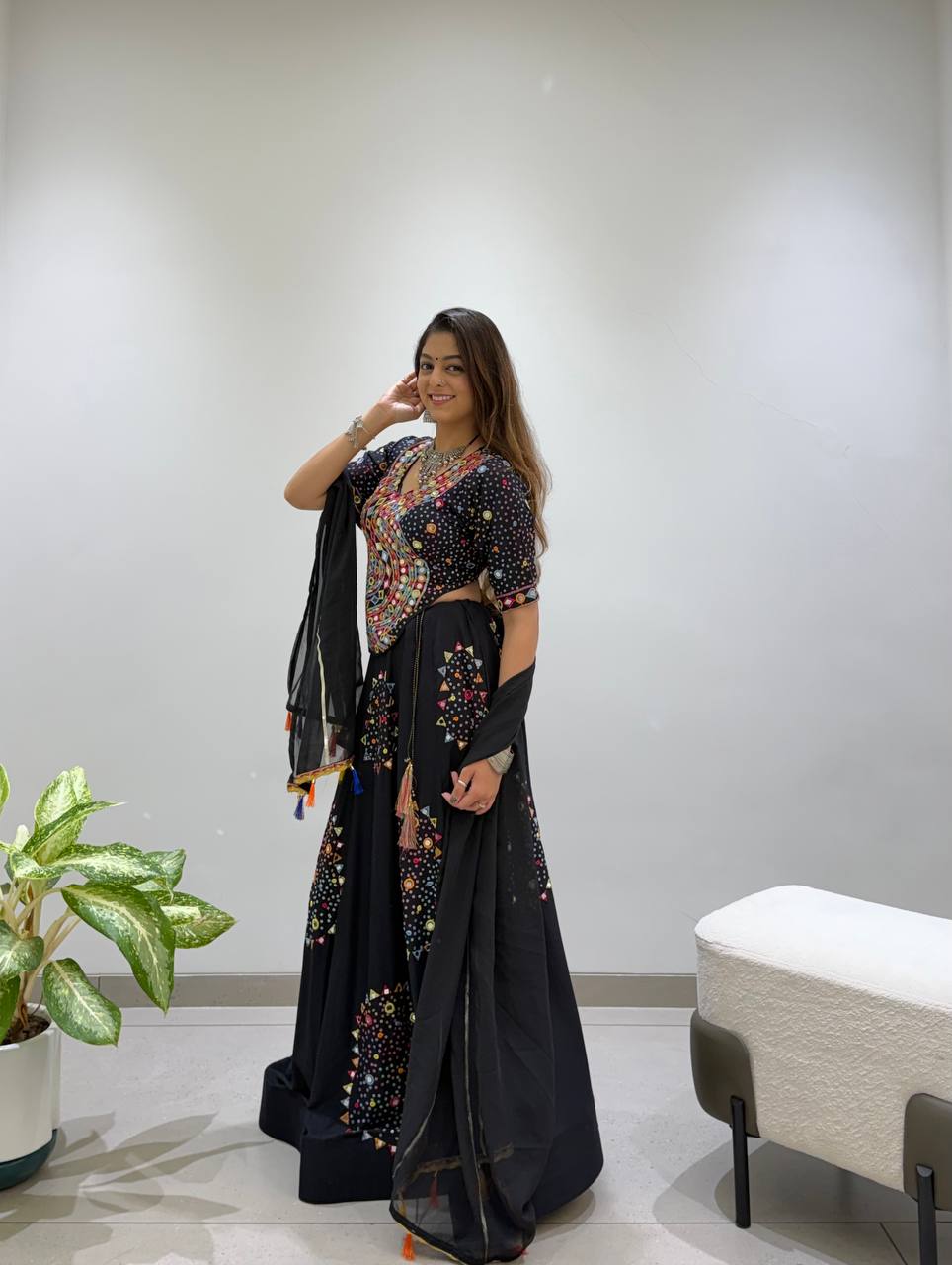 Black Reyon Mirror Work Navratri Lehenga Choli with Georgette Gotta Patti Dupatta