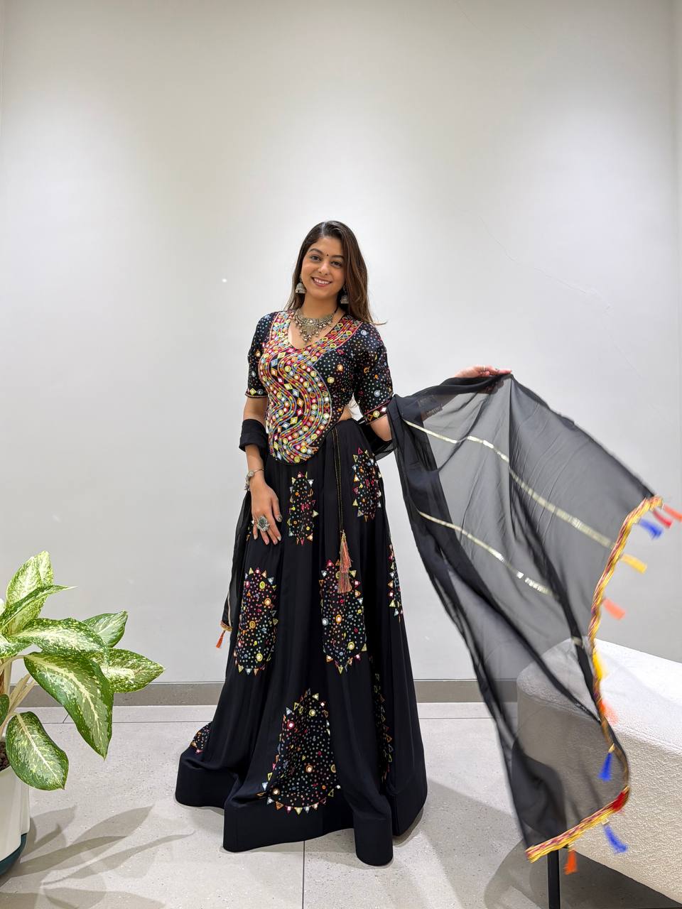 Black Reyon Mirror Work Navratri Lehenga Choli with Georgette Gotta Patti Dupatta