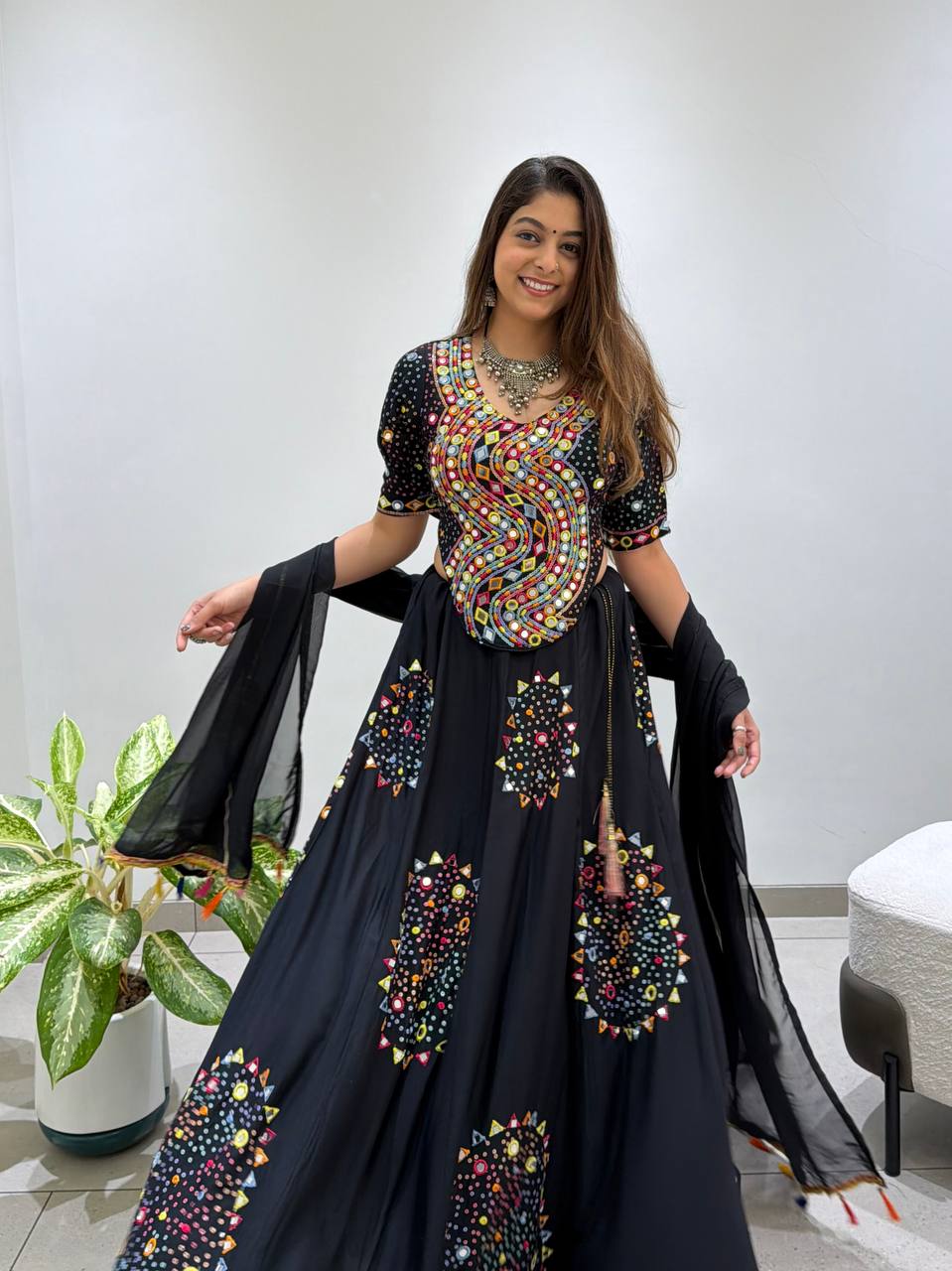 Black Reyon Mirror Work Navratri Lehenga Choli with Georgette Gotta Patti Dupatta