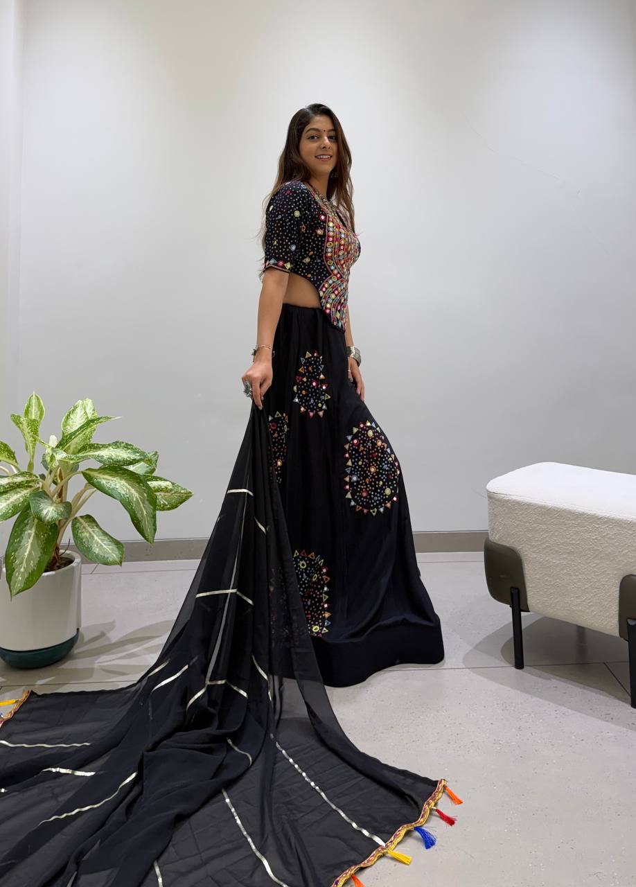 Black Reyon Mirror Work Navratri Lehenga Choli with Georgette Gotta Patti Dupatta