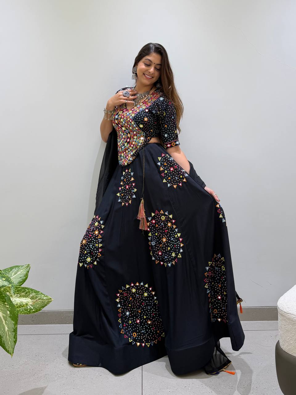 Black Reyon Mirror Work Navratri Lehenga Choli with Georgette Gotta Patti Dupatta