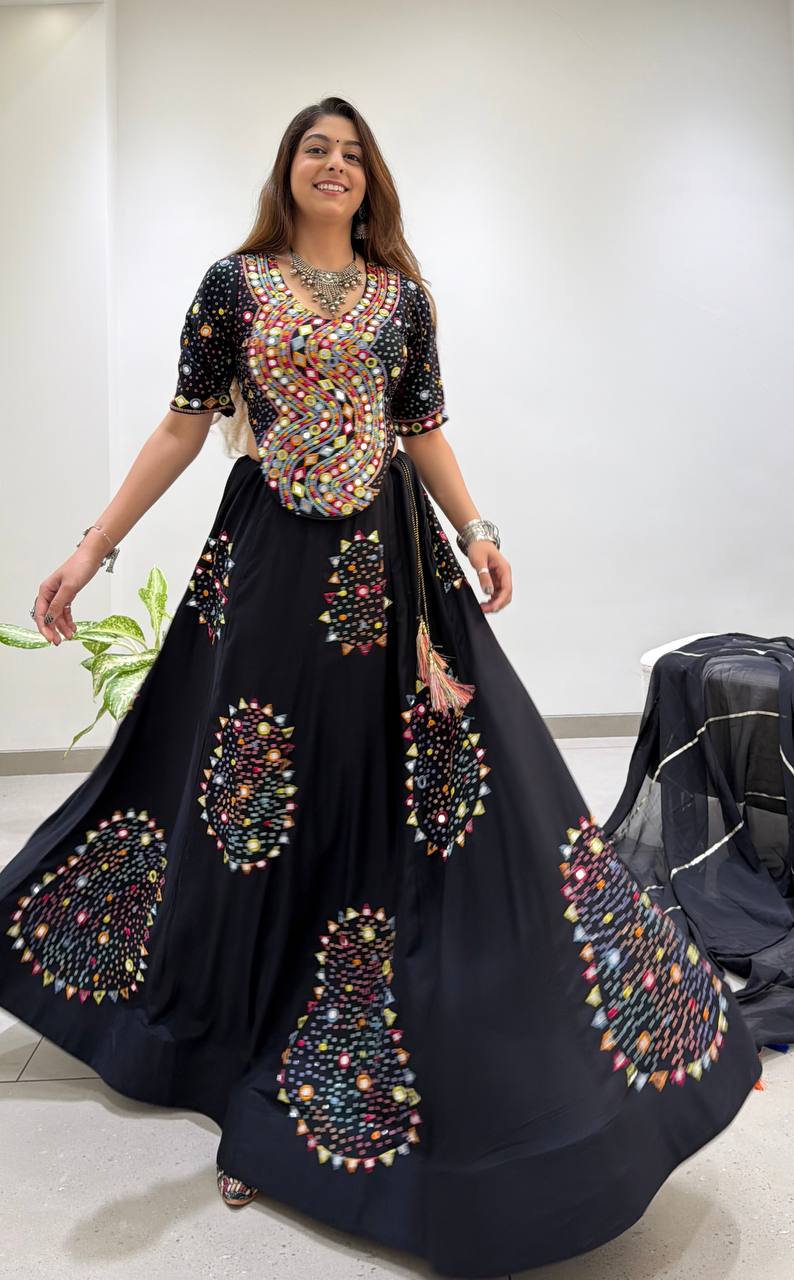 Black Reyon Mirror Work Navratri Lehenga Choli with Georgette Gotta Patti Dupatta