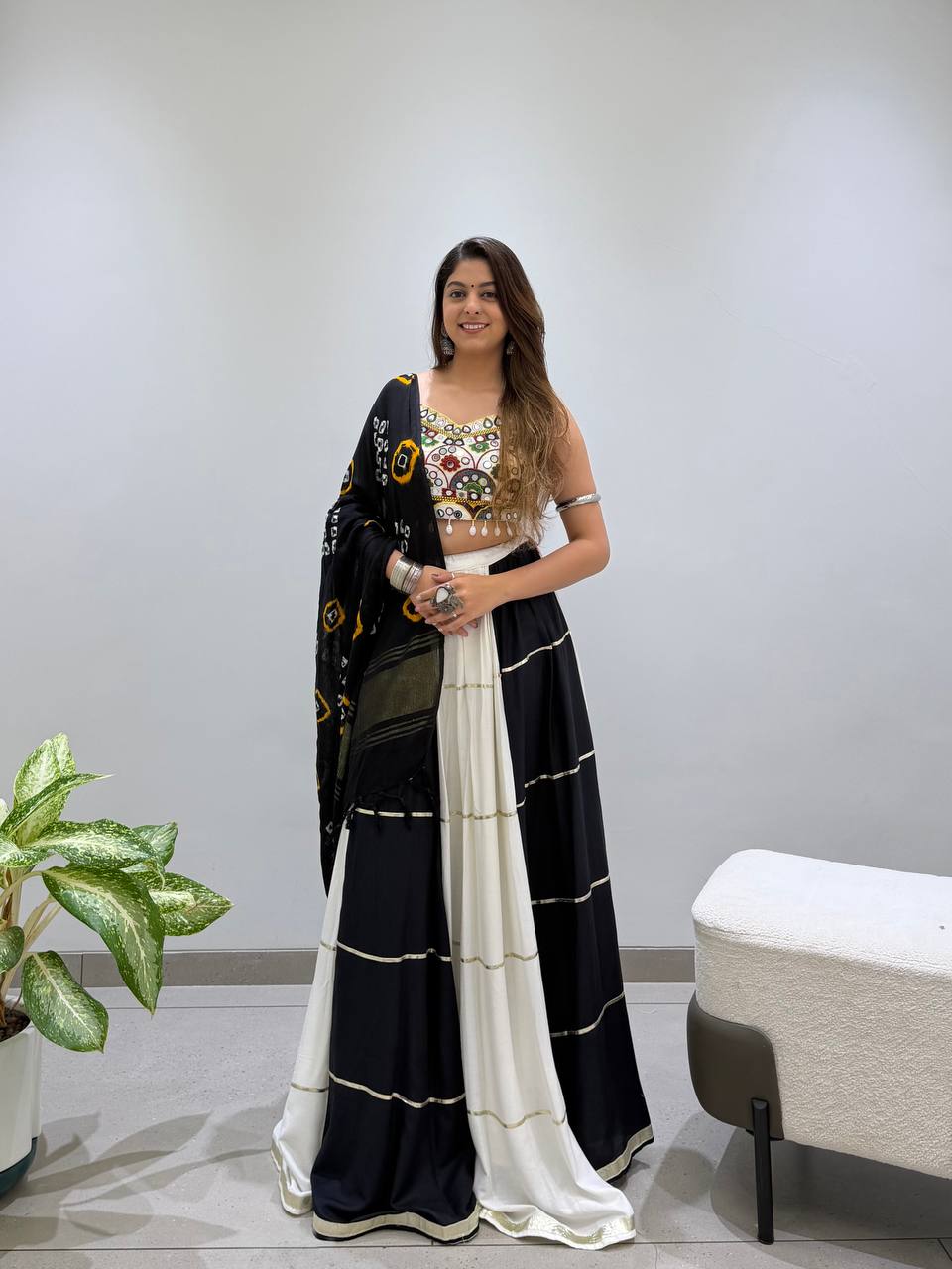 Black & White Reyon Mirror Work Navratri Lehenga Choli with Bandhani Dupatta