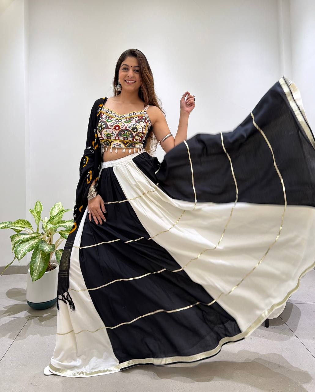 Black & White Reyon Mirror Work Navratri Lehenga Choli with Bandhani Dupatta