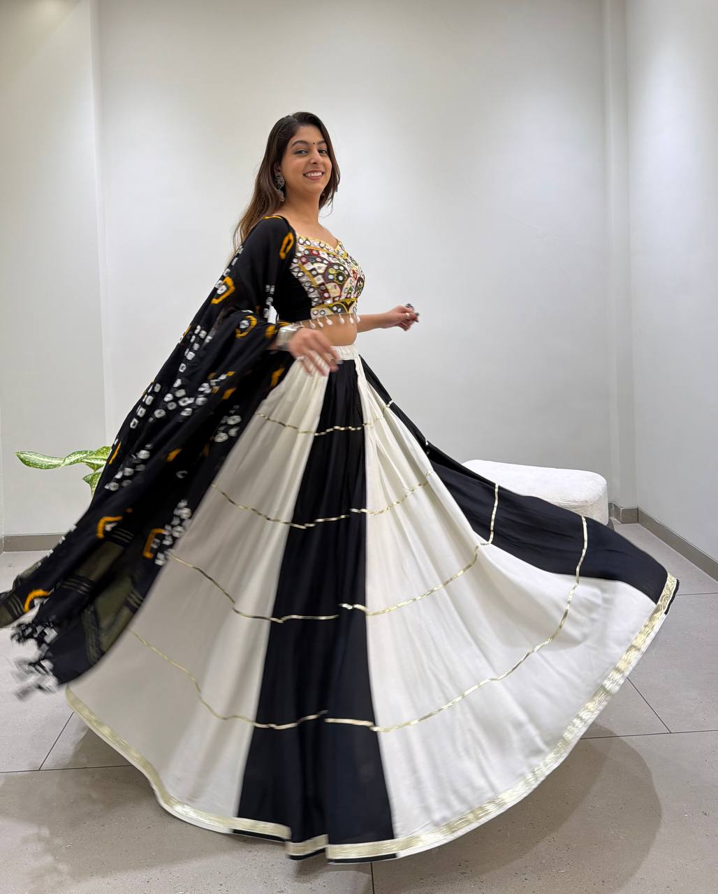Black & White Reyon Mirror Work Navratri Lehenga Choli with Bandhani Dupatta