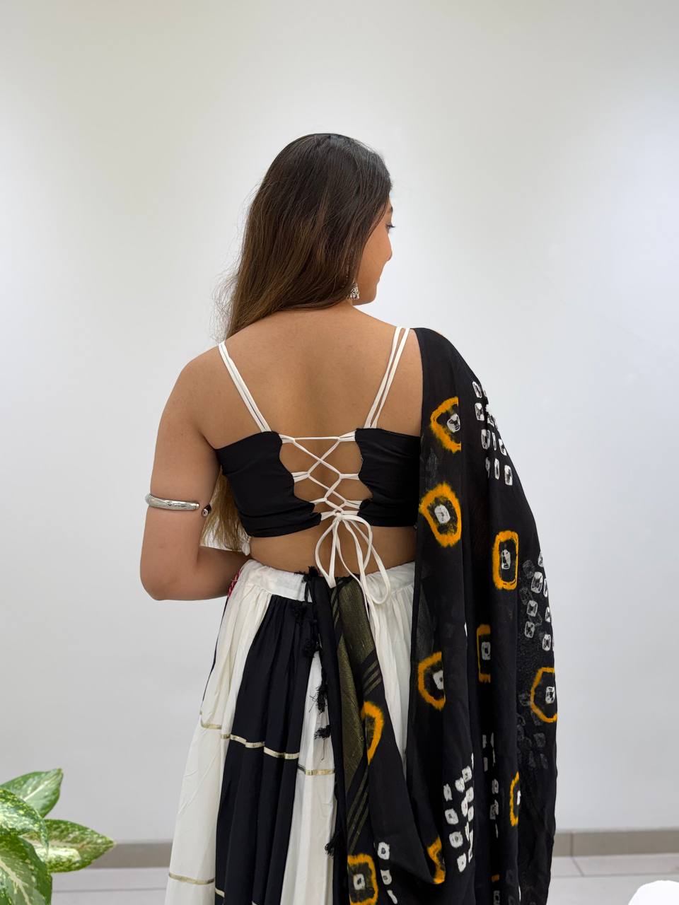 Black & White Reyon Mirror Work Navratri Lehenga Choli with Bandhani Dupatta