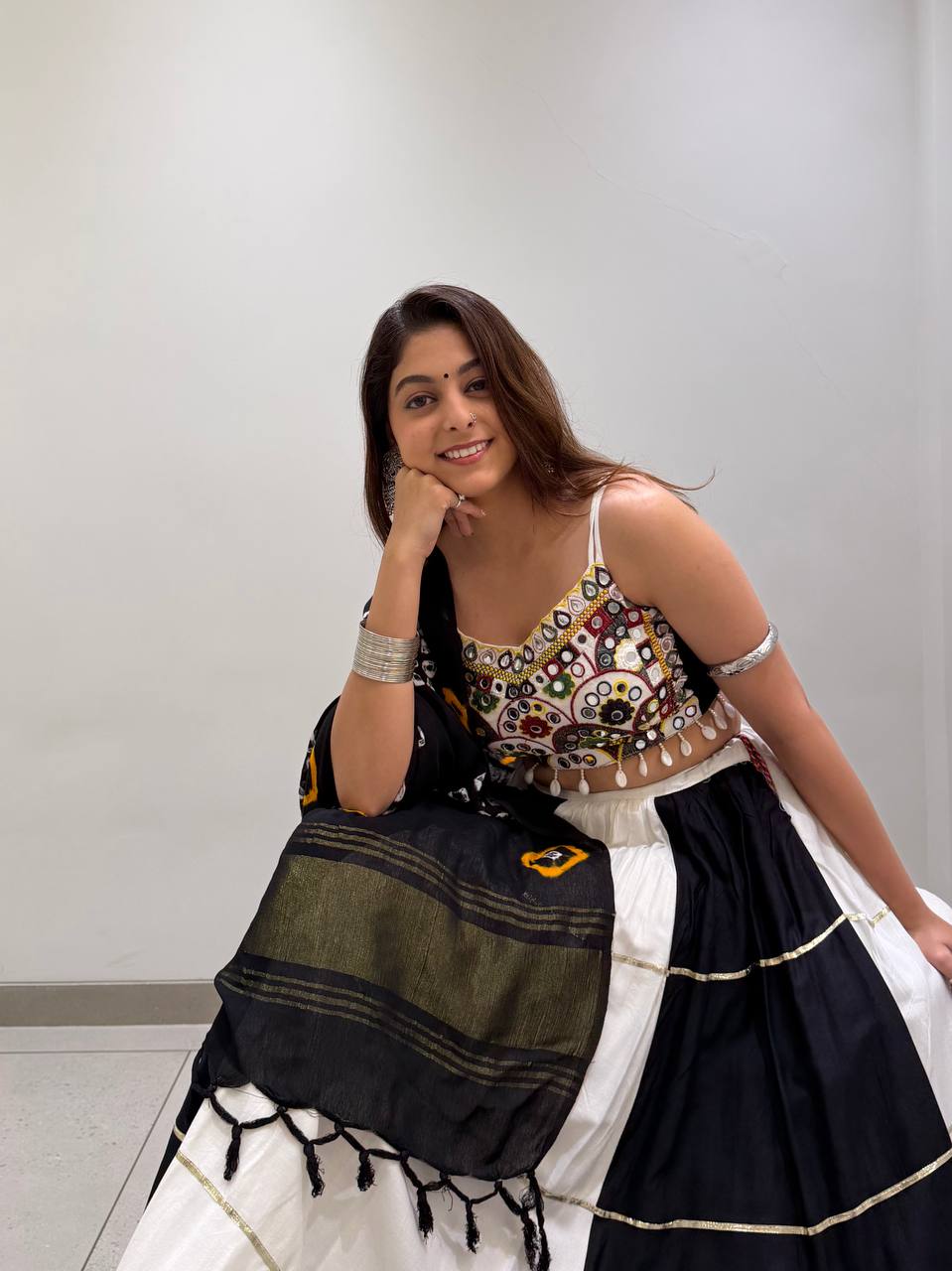 Black & White Reyon Mirror Work Navratri Lehenga Choli with Bandhani Dupatta