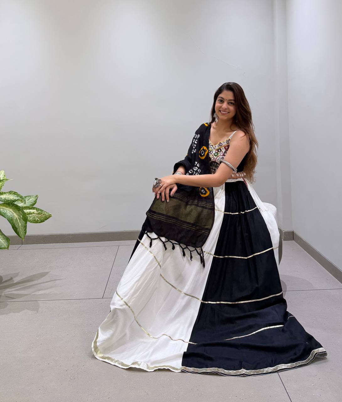 Black & White Reyon Mirror Work Navratri Lehenga Choli with Bandhani Dupatta